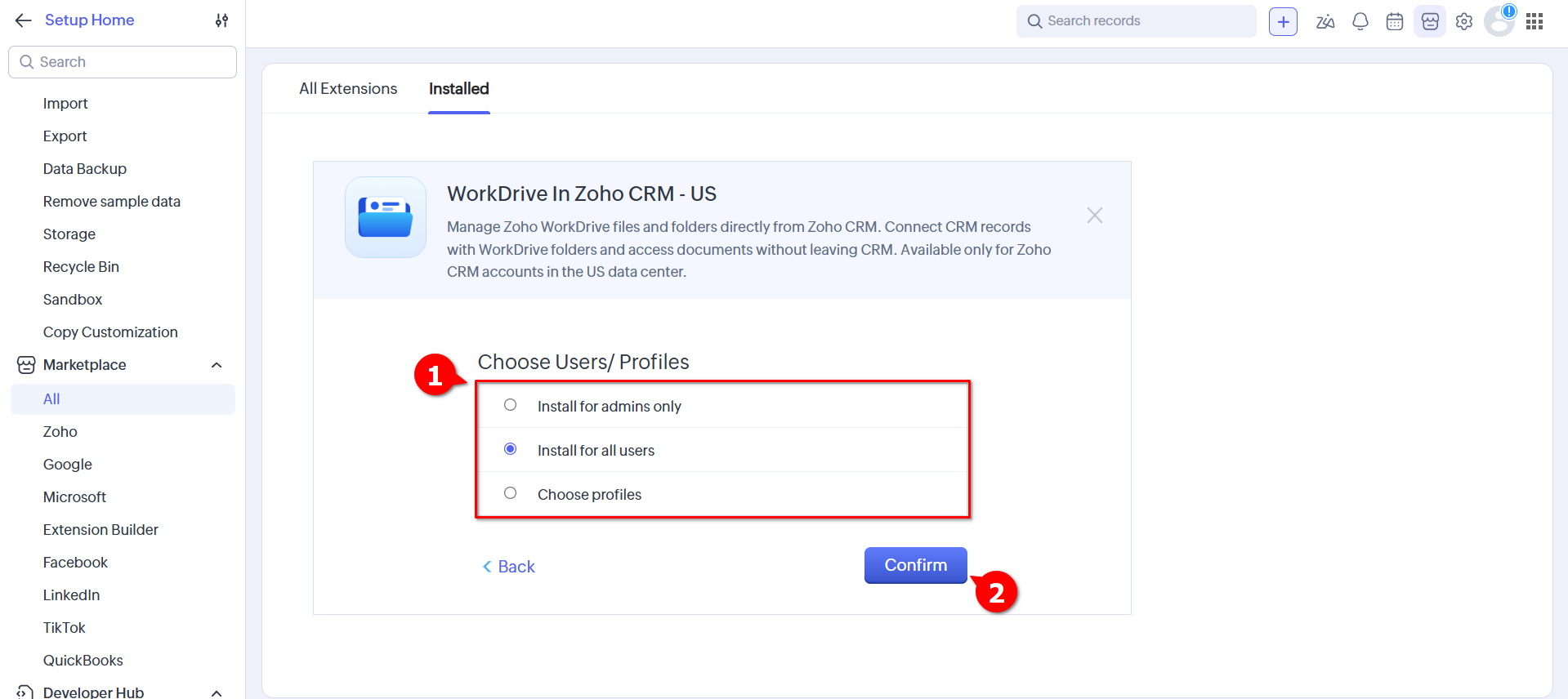 WorkDrive In Zoho CRM Widget - Choose Users and Confirm