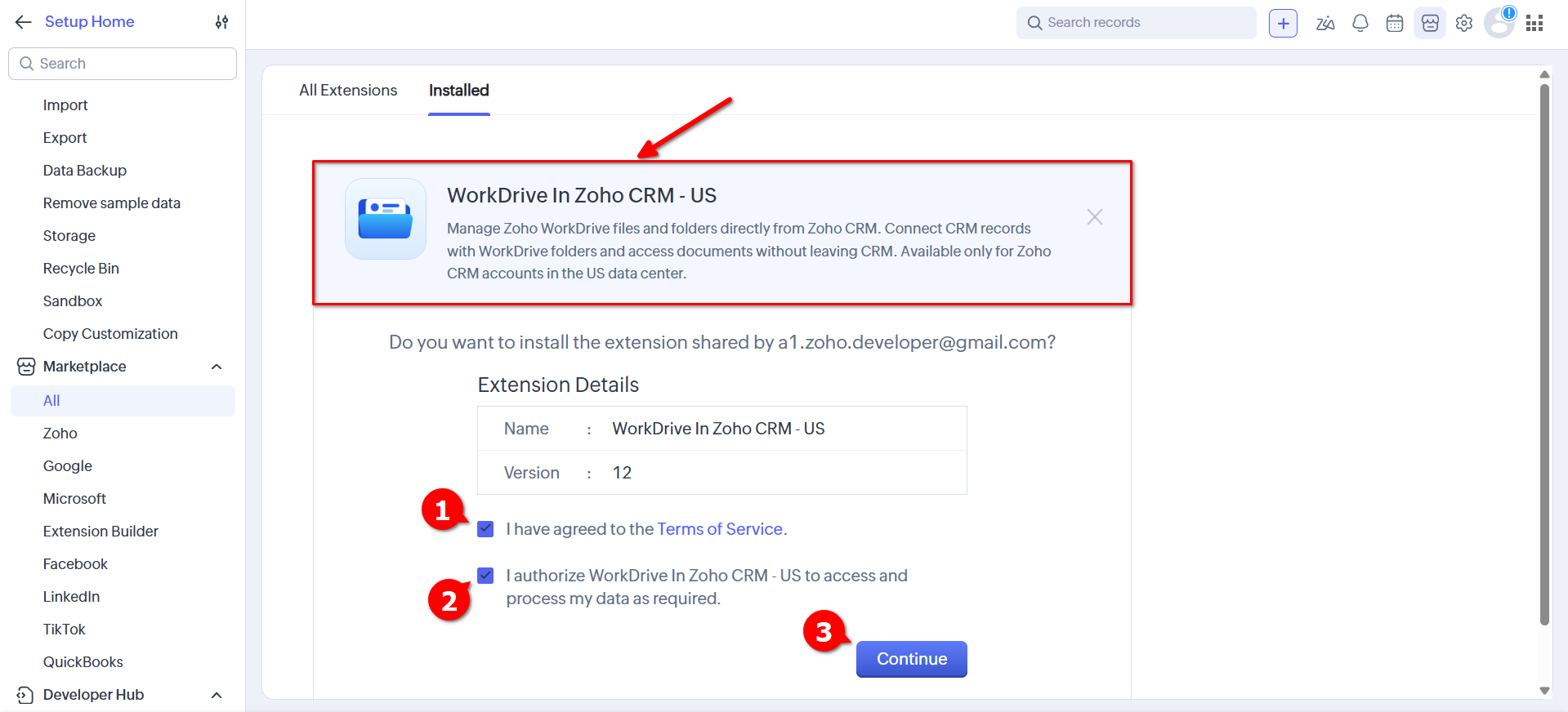 WorkDrive In Zoho CRM Widget - Install