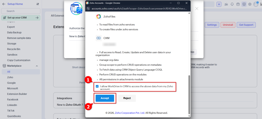 WorkDrive in Zoho CRM - Authorization