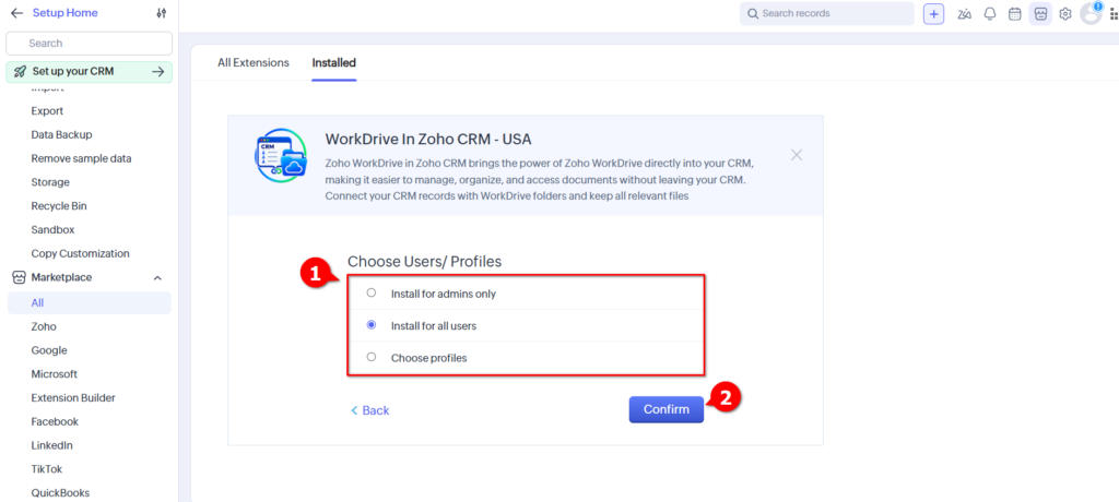 WorkDrive in Zoho CRM - Choose Profile and Confirm