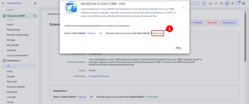 WorkDrive in Zoho CRM - Click On Authorize
