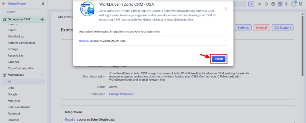 WorkDrive in Zoho CRM - Click On Finish