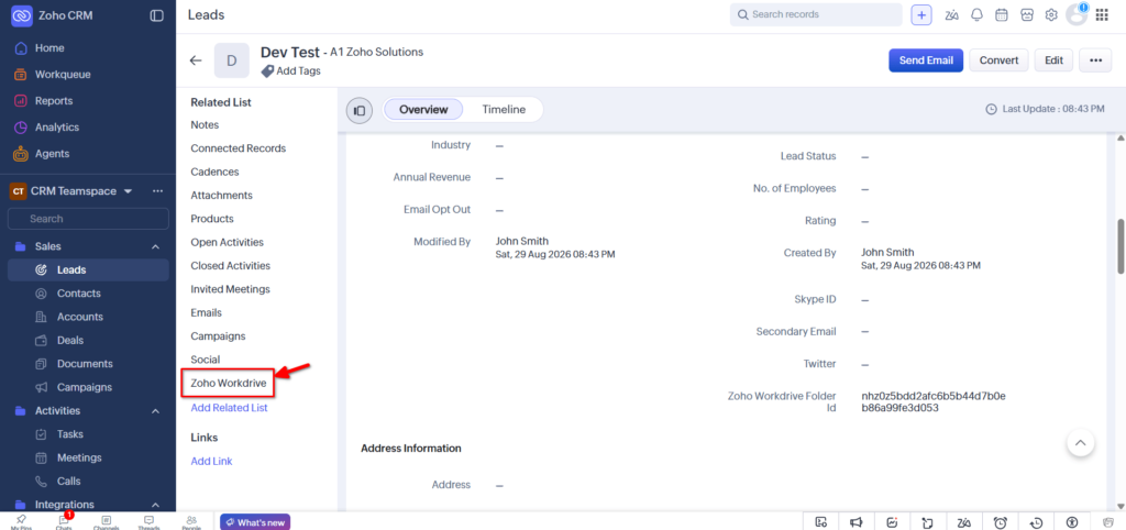 WorkDrive in Zoho CRM - Click On Widget