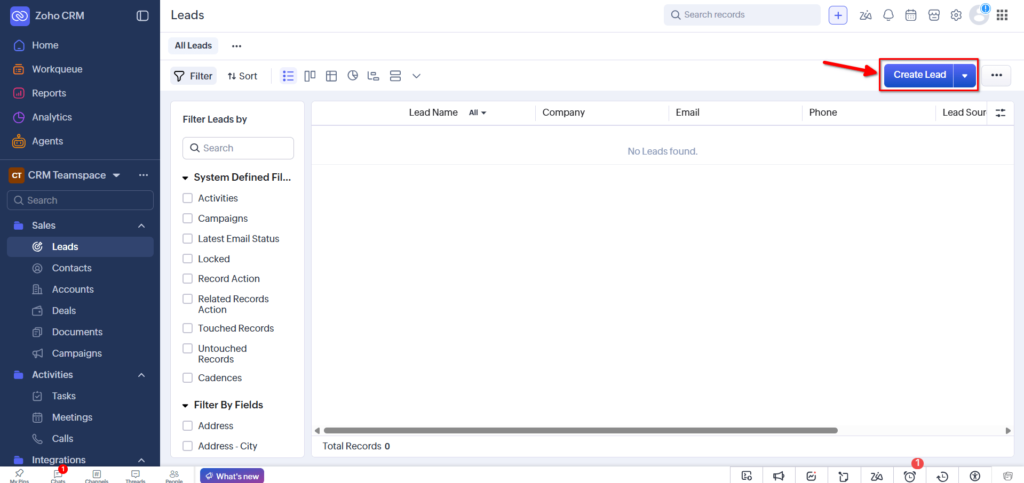 WorkDrive in Zoho CRM - Create Lead