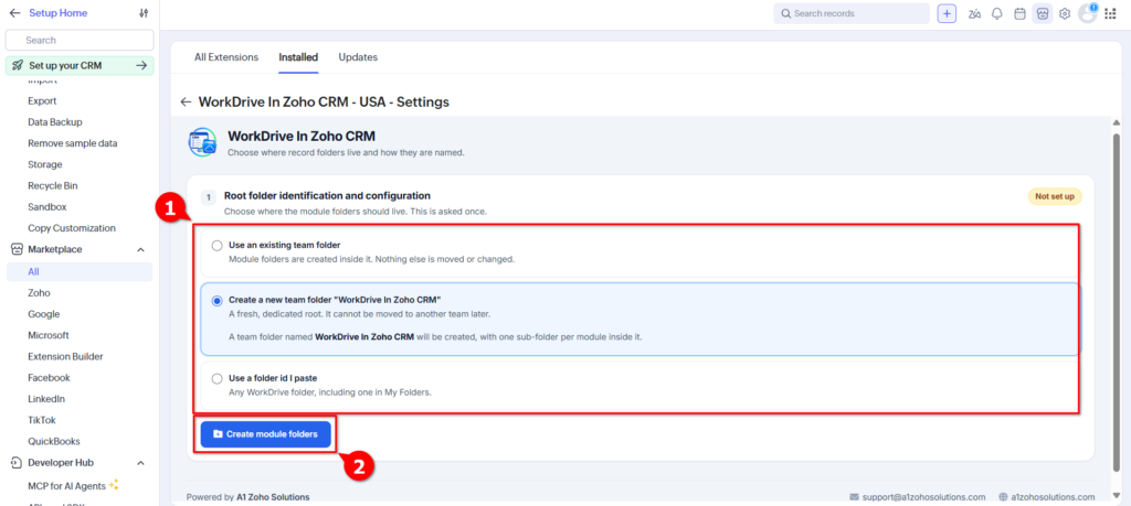 WorkDrive in Zoho CRM - Create Team Folder