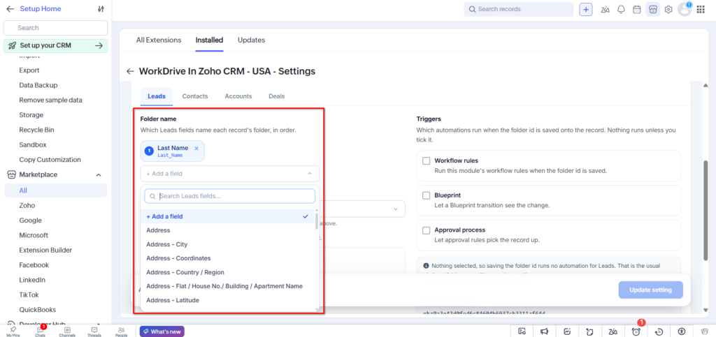 WorkDrive in Zoho CRM - Folder Name