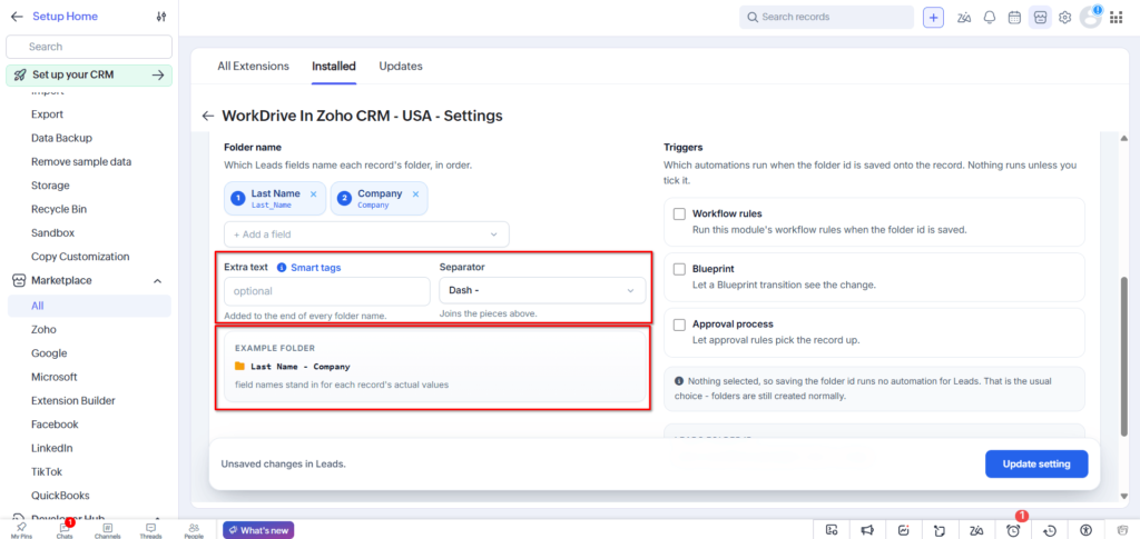 WorkDrive in Zoho CRM - Folder Name - Extra Field, Separator, Example