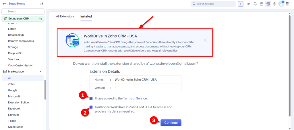 WorkDrive in Zoho CRM - Install