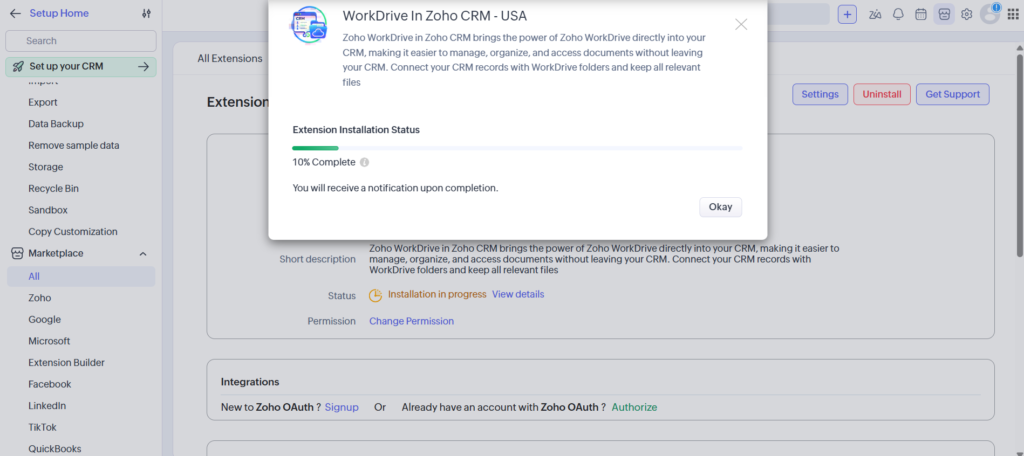 WorkDrive in Zoho CRM - Install Start