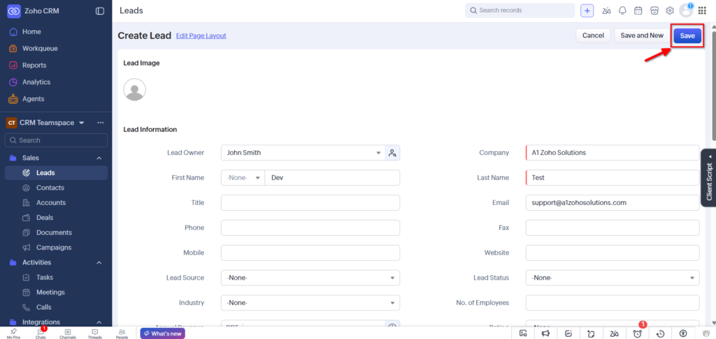 WorkDrive in Zoho CRM - Lead Created