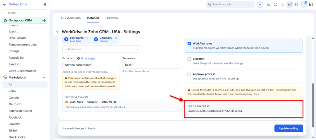 WorkDrive in Zoho CRM - Module Folder ID