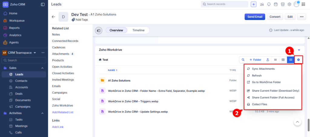 WorkDrive in Zoho CRM - Settings