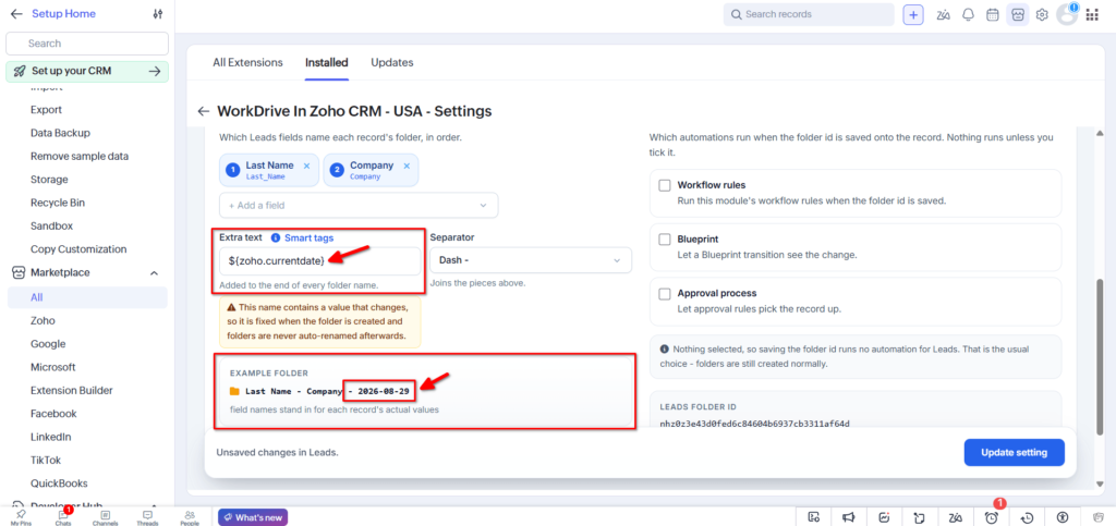 WorkDrive in Zoho CRM - Smart Tags - Current Date Example