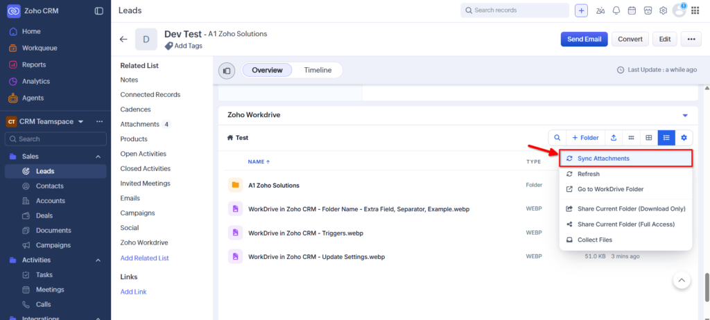 WorkDrive in Zoho CRM - Sync Attachments
