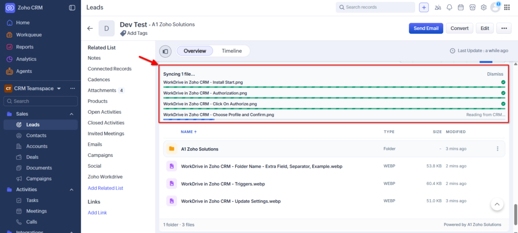 WorkDrive in Zoho CRM - Sync Attachments - Uploading