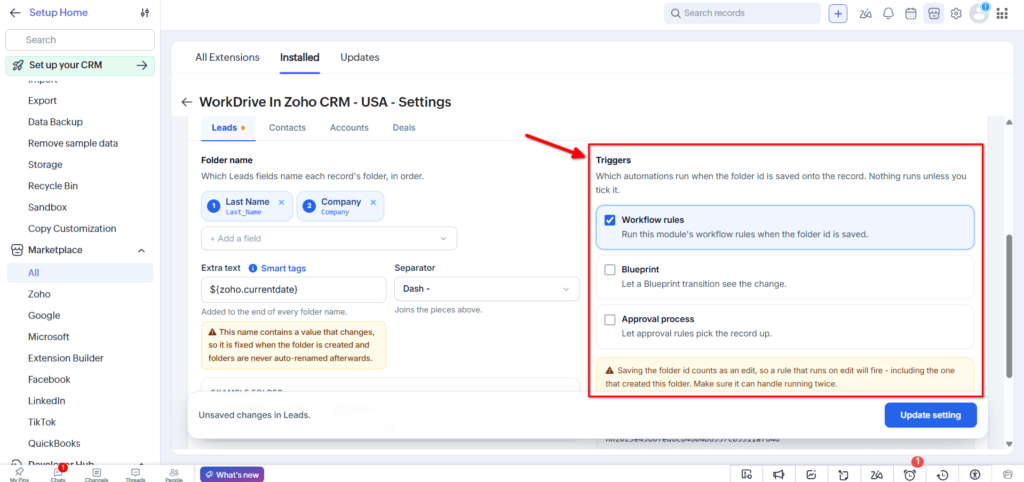 WorkDrive in Zoho CRM - Triggers