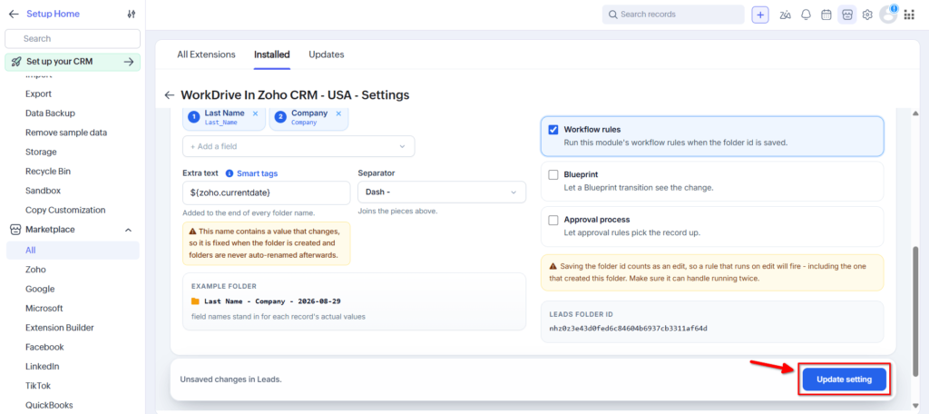 WorkDrive in Zoho CRM - Update Settings