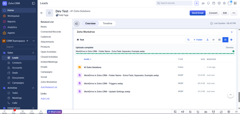 WorkDrive in Zoho CRM - Upload Files