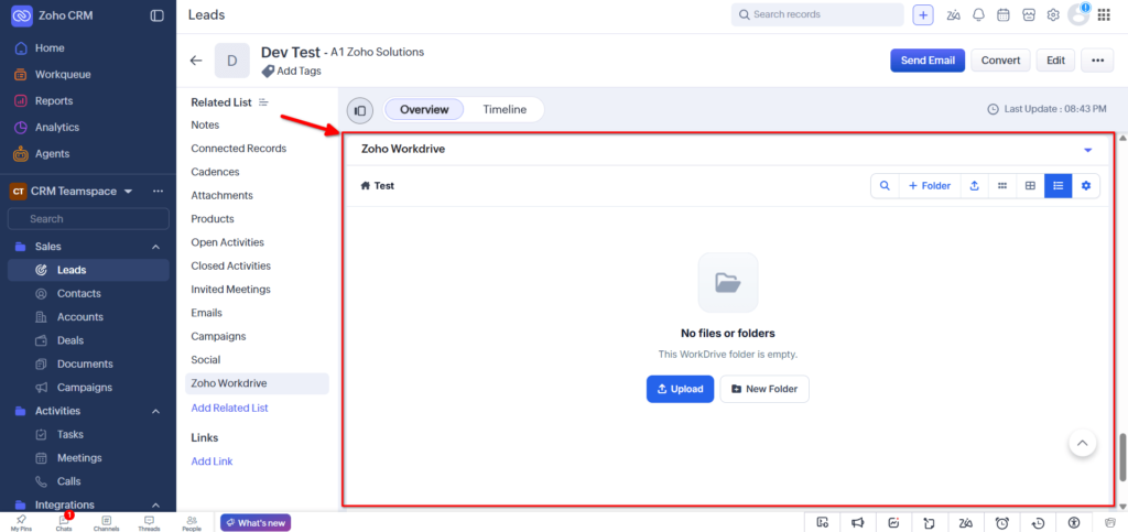 WorkDrive in Zoho CRM - Widget Preview