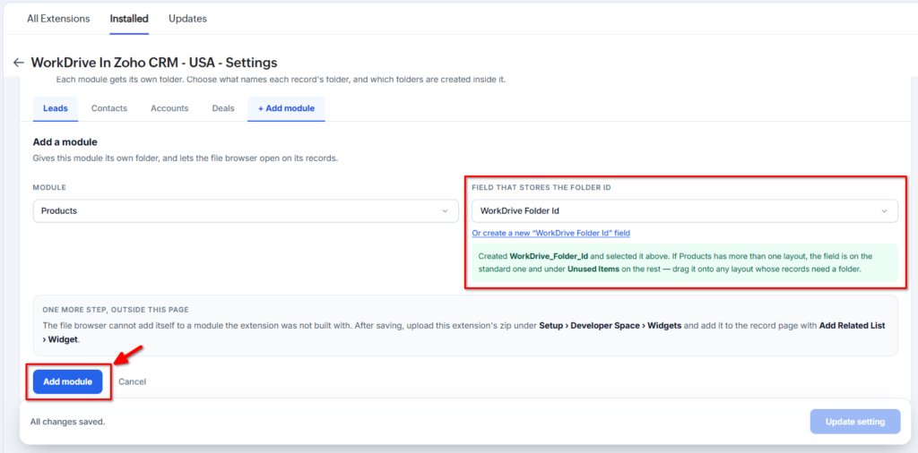 WorkDrive In Zoho CRM Widget - Added Product Module
