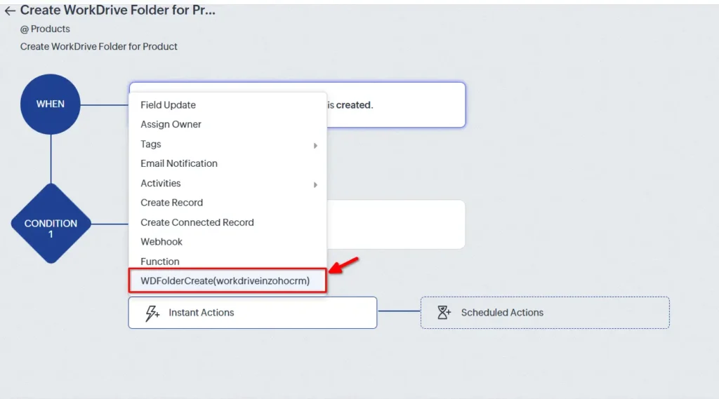 WorkDrive In Zoho CRM Widget - Choose Custom Action