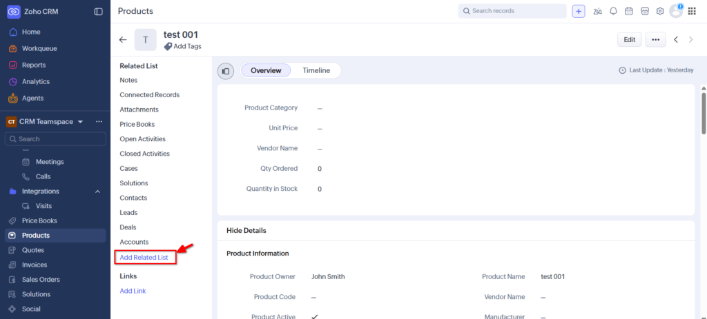 WorkDrive In Zoho CRM Widget - Click On Add Related List