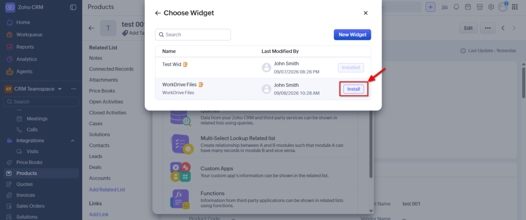 WorkDrive In Zoho CRM Widget - Click On Install Button