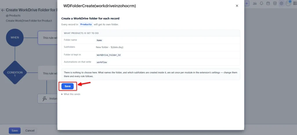 WorkDrive In Zoho CRM Widget - Click on Save