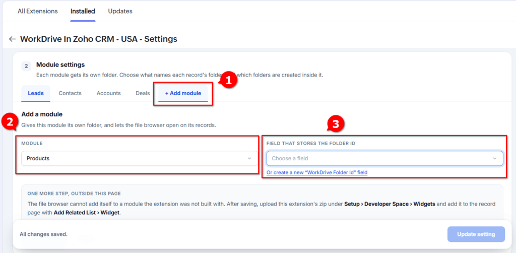 WorkDrive In Zoho CRM Widget - Configure Custom Module