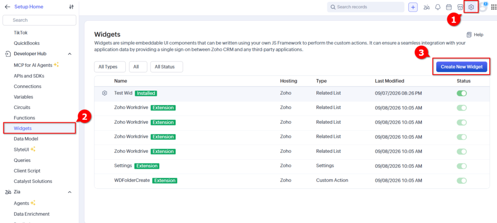WorkDrive In Zoho CRM Widget - Create New Widget