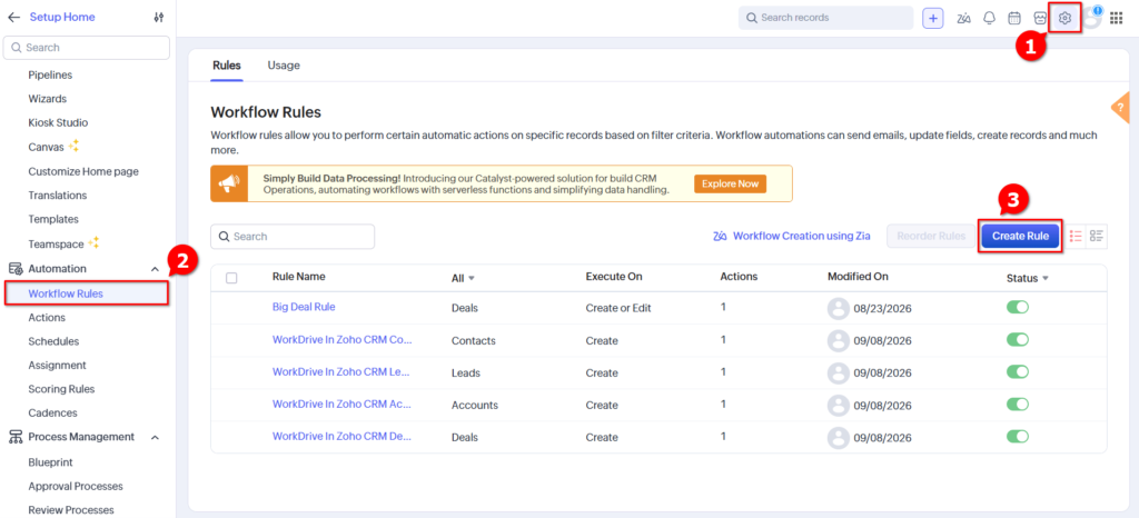 WorkDrive In Zoho CRM Widget - Create Workflow Rule