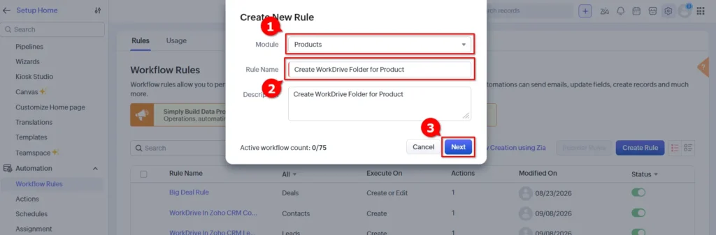 WorkDrive In Zoho CRM Widget - Created Workflow Rule