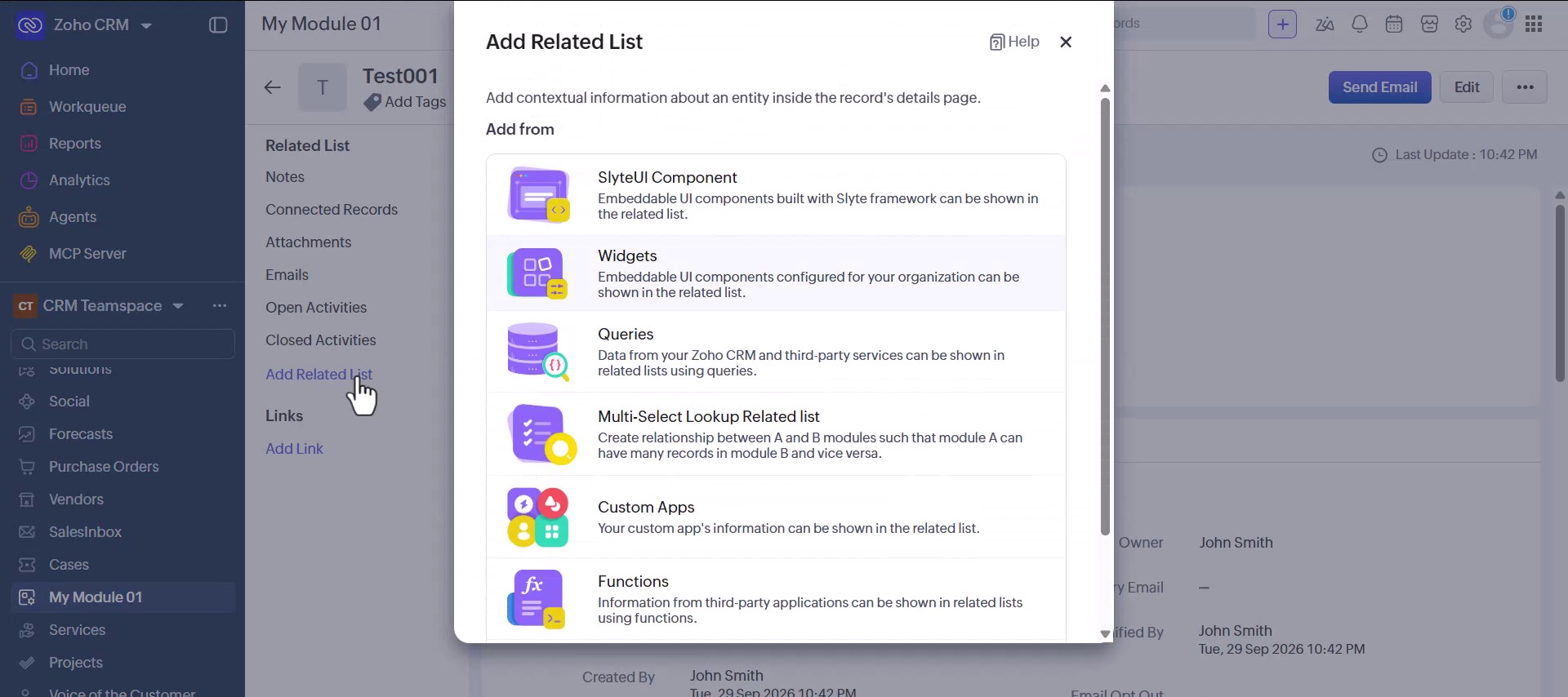 The Add Related List link on a Zoho CRM custom module record