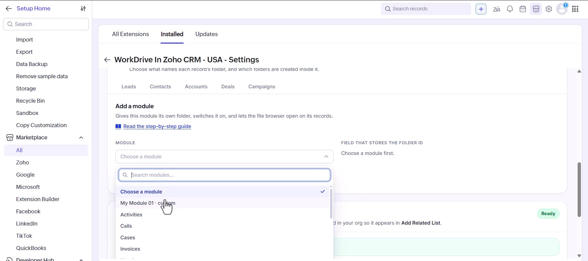 The Add a module panel in the WorkDrive In Zoho CRM settings with the module dropdown open