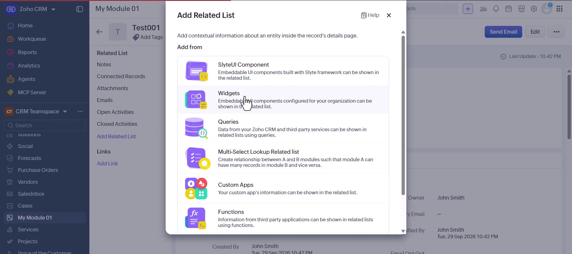 Selecting Widgets in the Add Related List panel in Zoho CRM