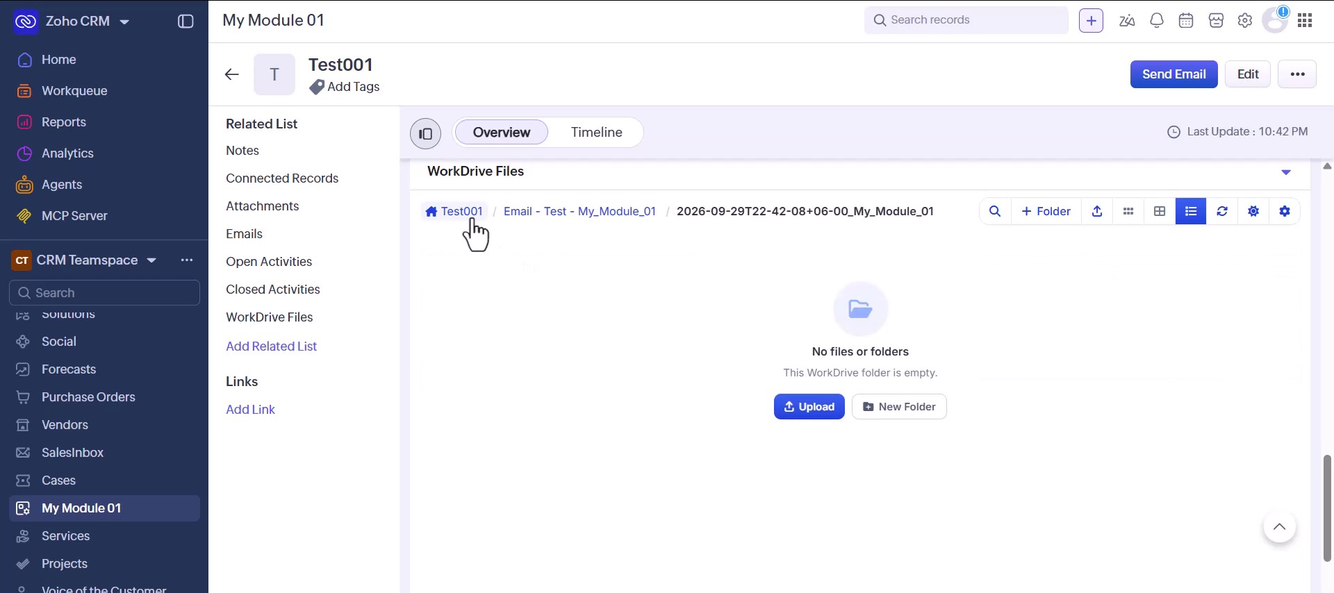 The WorkDrive Files related list open on a Zoho CRM custom module record, showing the folder created for it