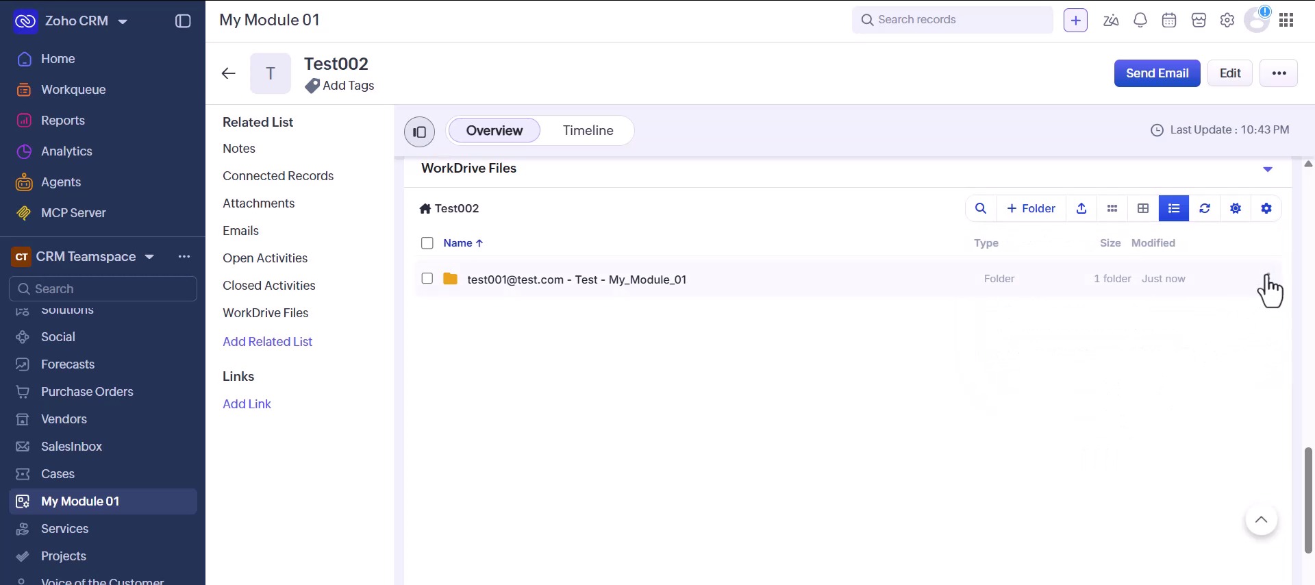 A Zoho CRM record's WorkDrive folder named from the record's own field values