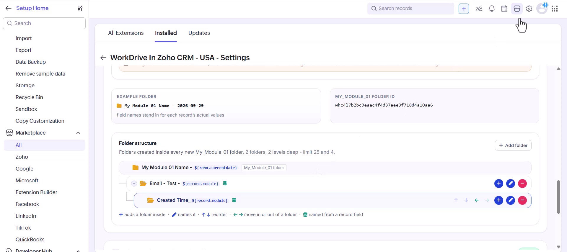 A finished WorkDrive folder structure with subfolders created inside every new Zoho CRM record folder