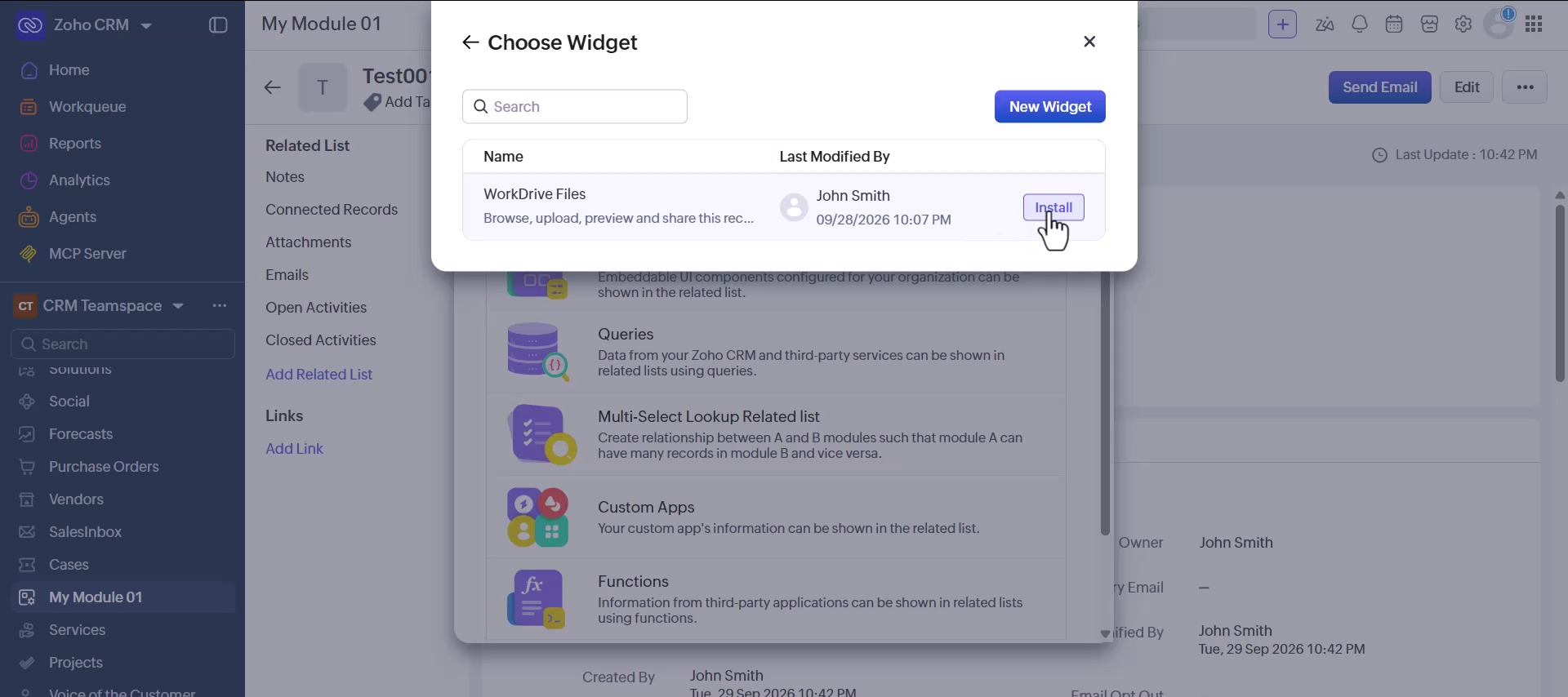 The Choose Widget dialog in Zoho CRM with the WorkDrive Files related list and its Install button