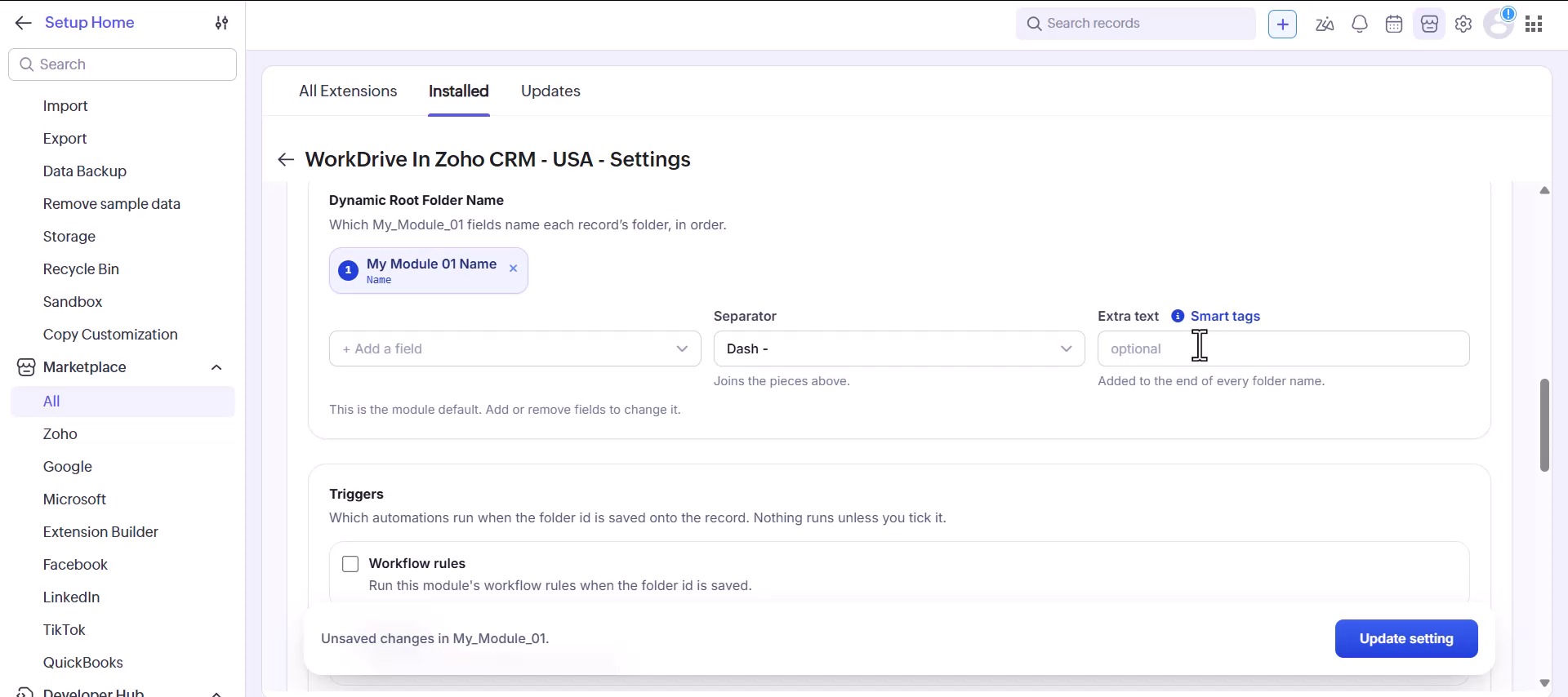 Choosing the separator that joins the parts of a WorkDrive folder name in Zoho CRM