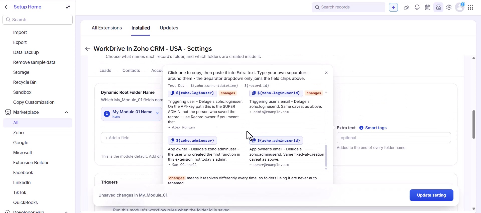 The smart tags list, used to add the record id, owner or current date to a WorkDrive folder name