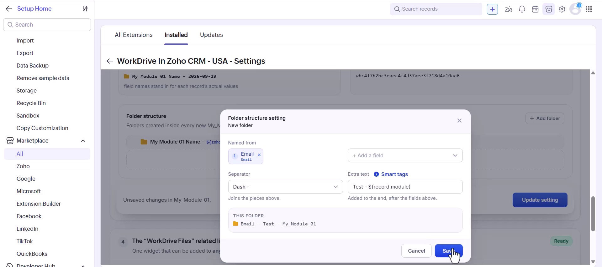 The Folder structure setting dialog naming a subfolder inside a Zoho CRM record's WorkDrive folder