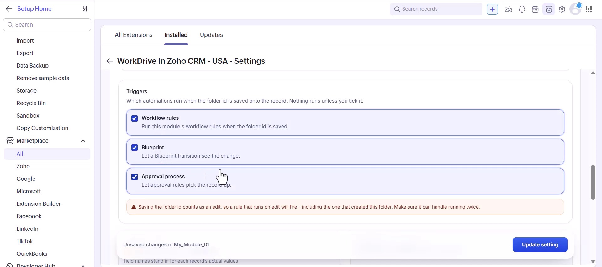 The Triggers panel controlling which Zoho CRM automations run when the WorkDrive folder id is saved onto a record