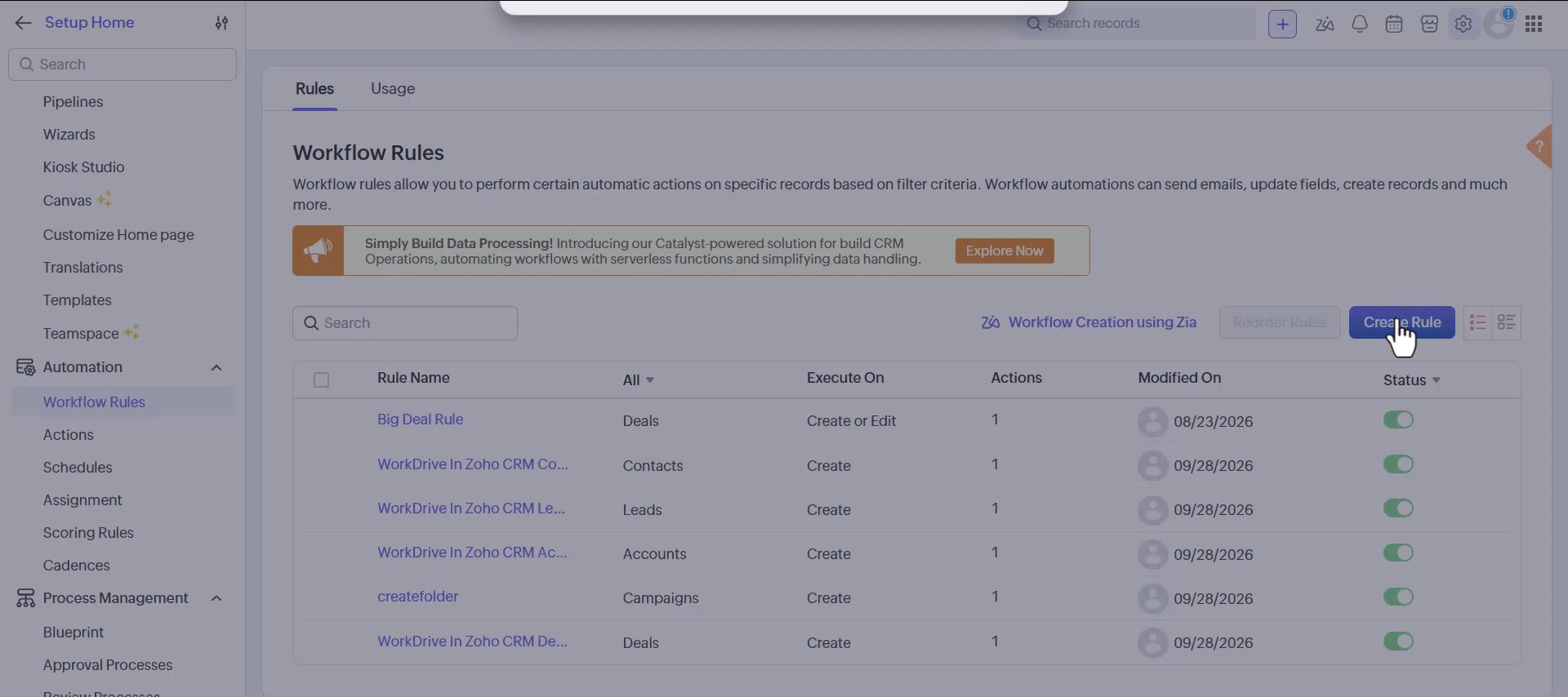 Zoho CRM Workflow Rules page with the Create Rule button