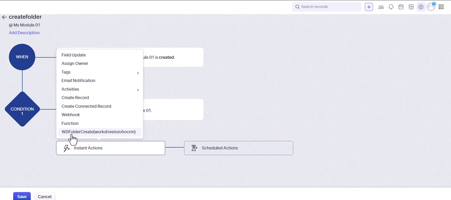 Choosing the WDFolderCreate function from the Instant Actions list in a Zoho CRM workflow rule