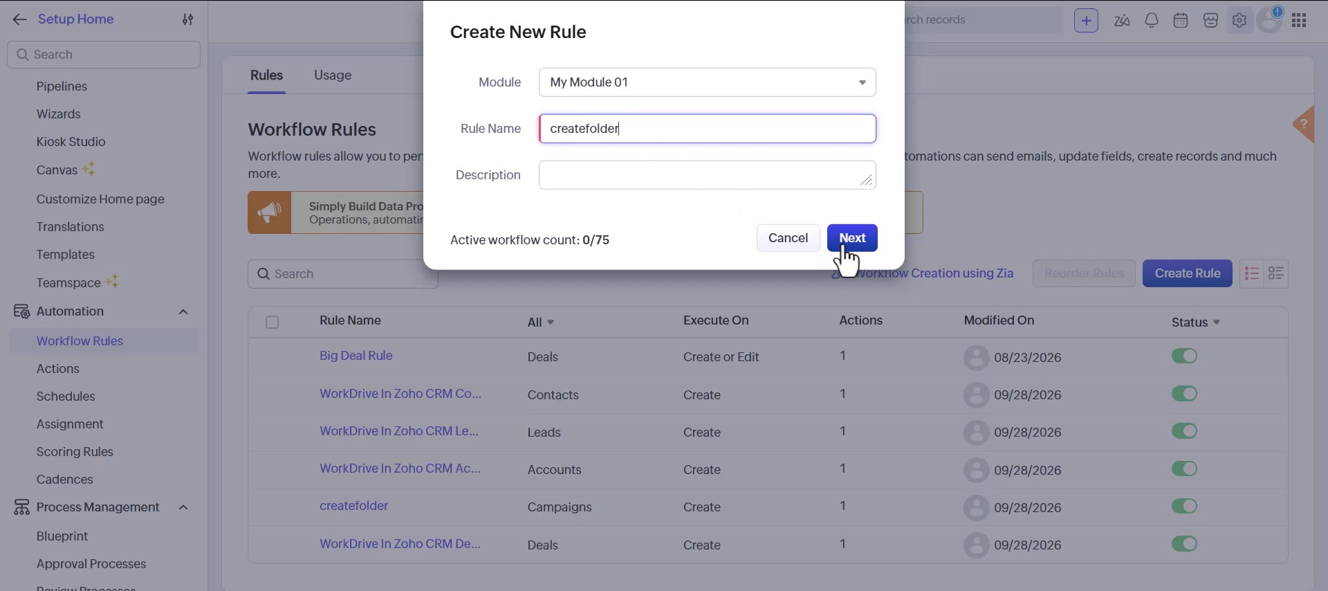 The Create New Rule dialog in Zoho CRM with a custom module selected and the rule named