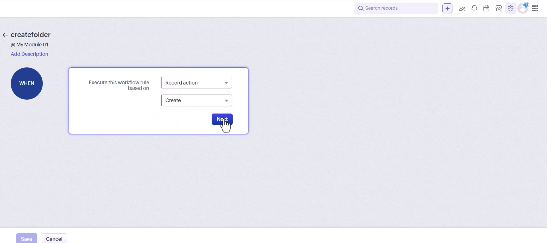 Setting a Zoho CRM workflow rule to trigger on the Create record action