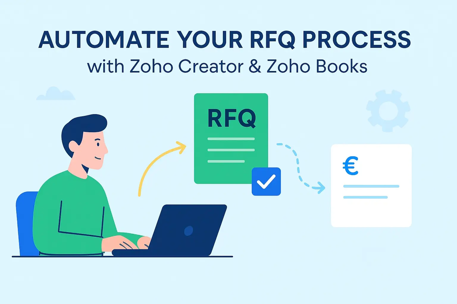 Automate your RFQ process with Zoho Creator and Zoho Books: a person sends an RFQ and receives a priced quote.