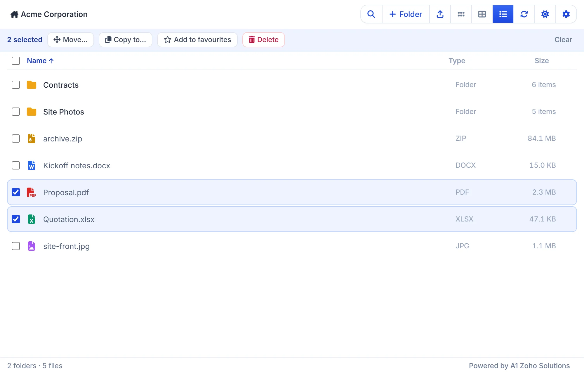Select several WorkDrive files in Zoho CRM to move, copy, add to favourites or delete them at once