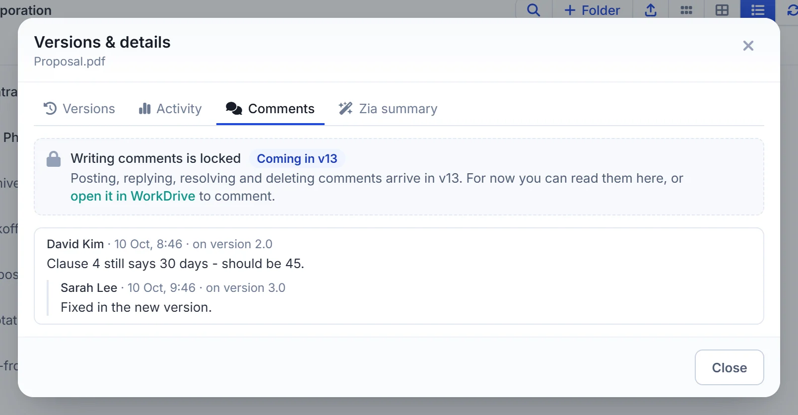 Read the comments on a WorkDrive file from Zoho CRM